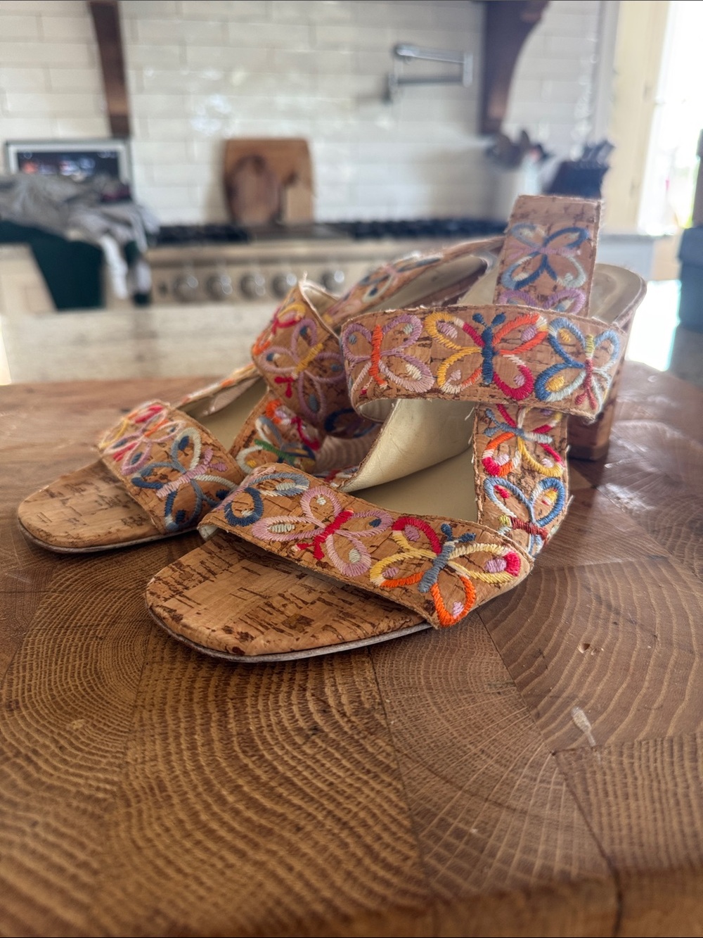 Bettye Muller Embroidered Multi-Color Cork Block Heel Sandals Made in Italy